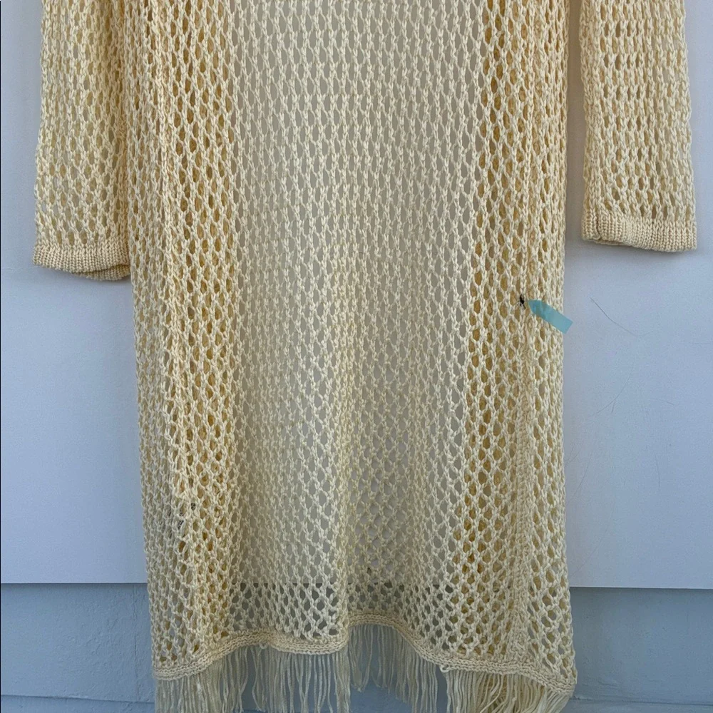 POL Women’s Cream Crochet Knitwear Boho Bohemian Open Front Cardigan Size Small